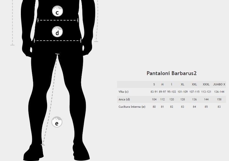 Taglie pantaloni Geoff Anderson Barbarus 2 Pants